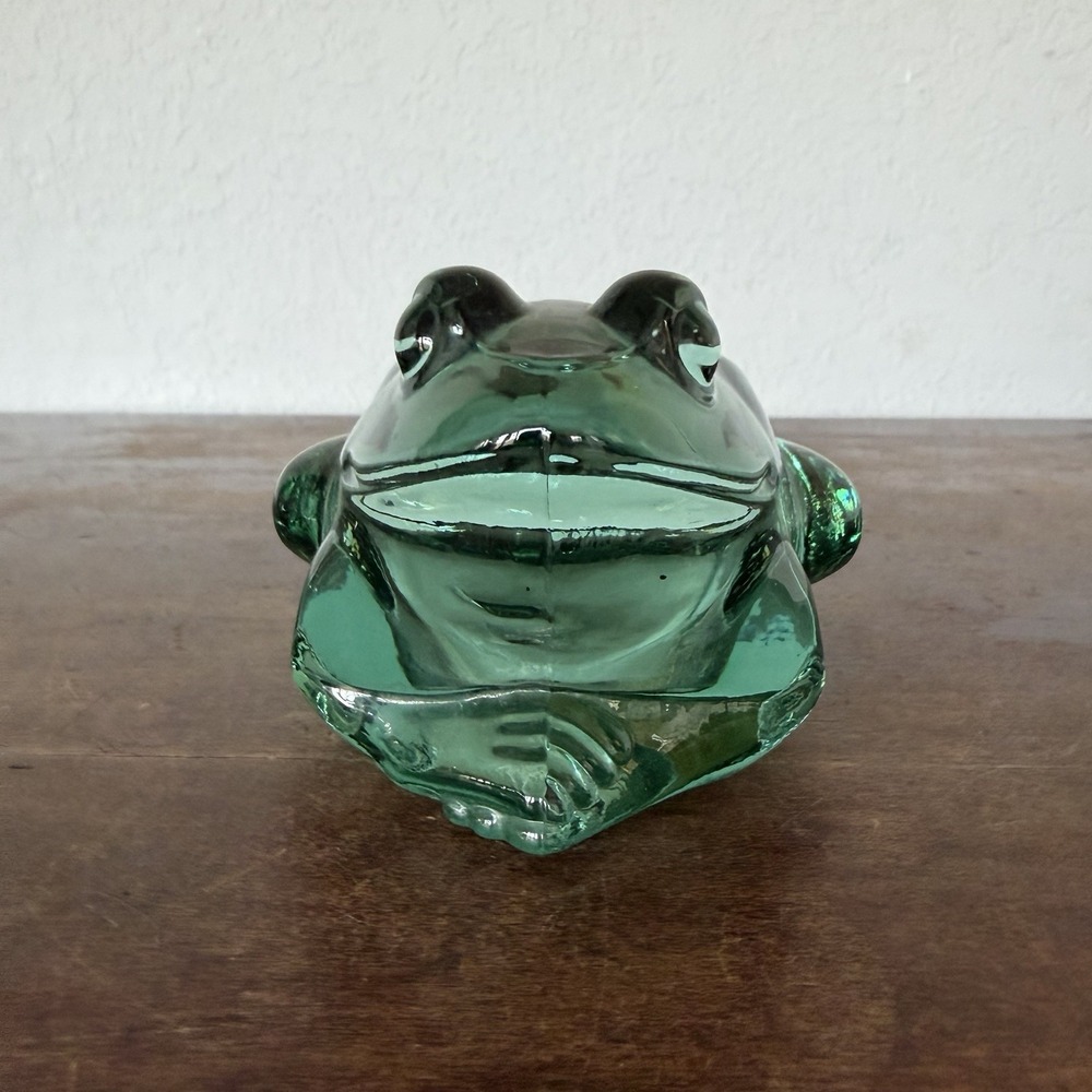 Vintage Indiana Glass Frog Candle Votive Holder Spanish Green Paperweight Green